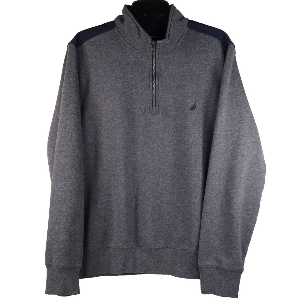 Nautica 1/4 Zip Fleece Pullover Sweatshirt Men's Large Gray & Navy Long Sleeve